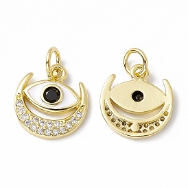 Rack Plating Brass Micro Pave Clear Cubic Zirconia Charms, with Enamel and Jump Ring, Long-Lasting Plated, Cadmium Free & Lead Free, Moon with Eye
