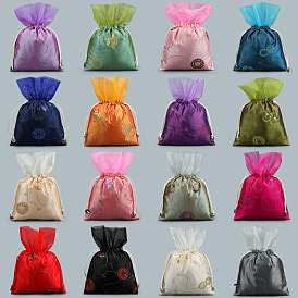 Cloth Embroidery Jewelry Drawstring Gift Bags, with Paillette, Rectangle with Round Pattern