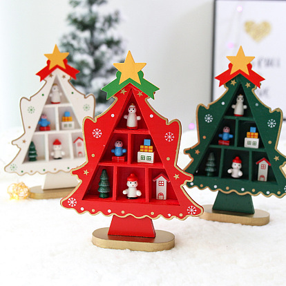 Décorations d'affichage de bureau en bois, mini vitrines, arbre de Noël