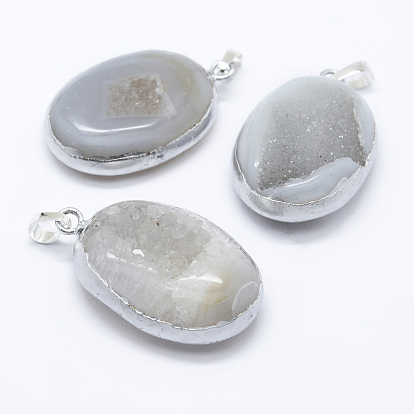 Oval Brass Natural Crystal Agate Pendants, Druzy Trimmed Stone, Silver Color Plated, 41x26x12.5mm, Hole: 5x7mm