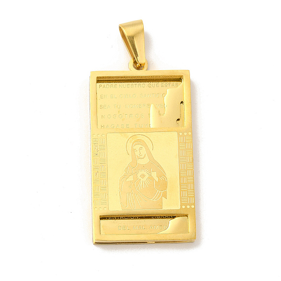 Placage ionique (ip) 304 pendentifs religieux en acier inoxydable, rectangle avec breloques jésus avec bélières à pression