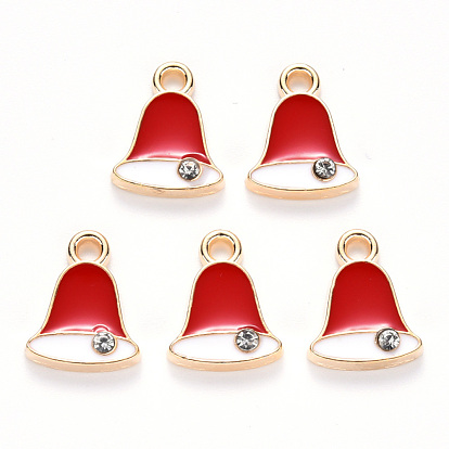 Alloy Enamel Charms, with Crystal Rhinestone, for Christmas, Jingle Bell, Light Gold