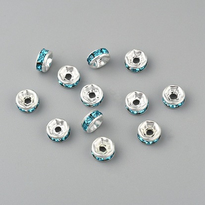 Séparateurs perles en verre avec strass en laiton, Grade a, bride droite, couleur argent plaqué, rondelle