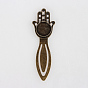Antique Bronze Iron Bookmark Cabochon Settings, Hamsa Hand/Hand of Fatima/Hand of Miriam with Alloy Flat Round Tray, Cadmium Free & Nickel Free & Lead Free, 92x30x4mm, Tray: 18mm