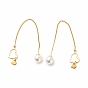 Brass Ear Thread with Heart and Acrylic Pearl Charm, Long Chain Dangle Stud Earrings with 925 Sterling Silver Pins for Women