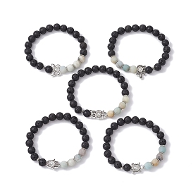 Bracelet extensible en perles d'amazonite, de pierre de lave et d'alliage, fleur naturelle