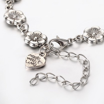 Trendy Tibetan Style Flower Anklets, with Zinc Alloy Lobster Claw Clasps and Iron End Chains, 230mm