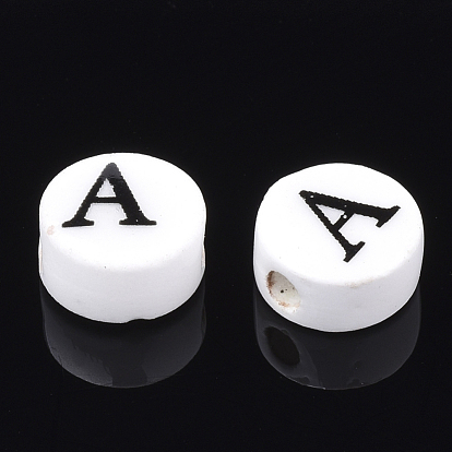 Perles en porcelaine manuelles, trou horizontal, plat rond avec la lettre
