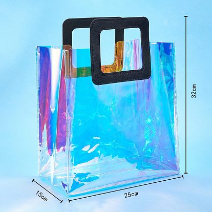 Sac transparent de laser de PVC, sac à main, avec poignées en cuir pu, pour cadeau ou emballage cadeau, rectangle