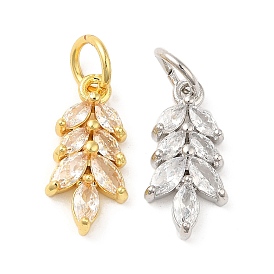 Rack Plating Brass Pave Cubic Zirconia Pendants, Leaf Charms with Jump Ring, Long-Lasting Plated, Lead Free & Cadmium Free