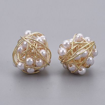 Brass Wire Beads, with ABS Plastic Imitation Pearl, Nickel Free, Real 18K Gold Plated