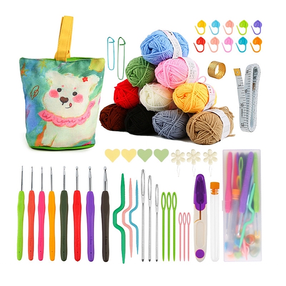Kits de crochet con hilo para principiantes adultos niños, Accesorios para herramientas de tejer con bolsa de transporte con patrón de oso., kit de inicio de crochet