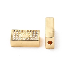 Brass Micro Pave Cubic Zirconia Beads, Real 18K Gold Plated, Rectangle with Crown