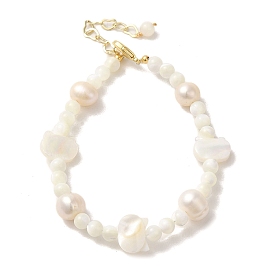 Natural Pearl & Shell Beaded Bracelets, with Brass Clasps
