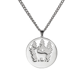 Stainless Steel Pendant Necklace, Tree & Deer