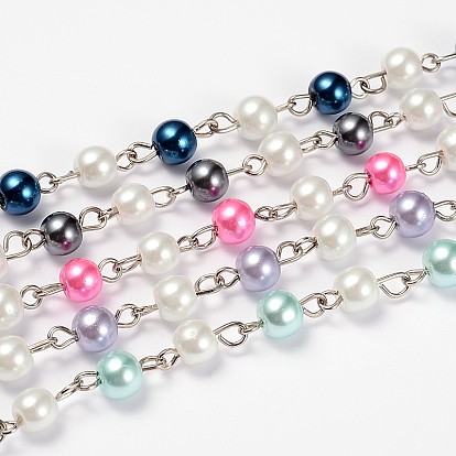 Glass Pearl Round Beads Chains for Necklaces Bracelets Making, with Platinum Iron Eye Pin, Unwelded, 39.3 inch