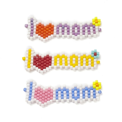 3 piezas 3 cuentas de semillas de miyuki con patrón de telar hecho a mano de color, corazón con la palabra conector de enlaces de mamá, para el día de la madre