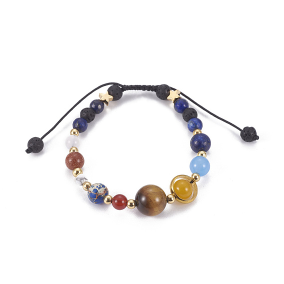 Natural Mixed Stone Braided Beads Bracelets, with Brass Findings and Nylon Cord, Universe Galaxy The Nine Planets Guardian Star, Lead Free & Cadmium Free