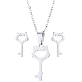 Ensemble porte-clés et bijoux en forme de chat en acier inoxydable, accessoires vintage à la mode avec clous d'oreilles et collier en forme d'animal