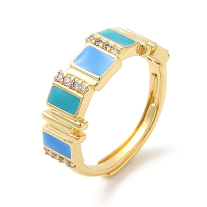 Enamel Rectangle Adjustable Ring with Cubic Zirconia, Real 18K Gold Plated Brass Ring, Cadmium Free & Lead Free