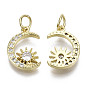Brass Micro Pave Clear Cubic Zirconia Charms, with Jump Ring, Nickel Free, Moon with Sun