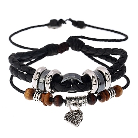 PU Leather Braided Bead Bracelets, with Wood Bead and Alloy Finding