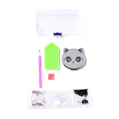 Kits de mini miroir de maquillage de peinture de diamant en forme spéciale de chat de bricolage, miroirs de courtoisie rabattables des deux côtés, avec strass, stylo, bac en plastique et boue de forage