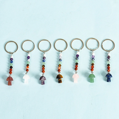 Natural Mixed Gemstone Mushroom with Round Beaded Keychain