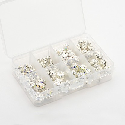 Grade A laiton perles strass, ronde, couleur argentée couleur métal plaqué, mixedstyle, 6~12mm, trou: 1 mm, environ 110 / boîte