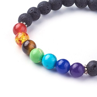 Bracelets extensibles en perles de lave naturelle, avec des perles d'espacement mélangées naturelles et synthétiques, chakra