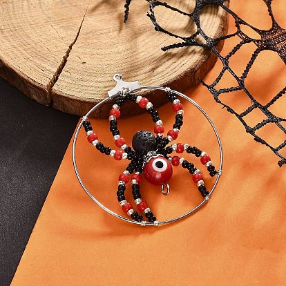 Латунные подвески, со стеклянными семенами, лэмпворком от сглаза и бусинами из натурального лавового камня, кольцо с подвесками в виде пауков