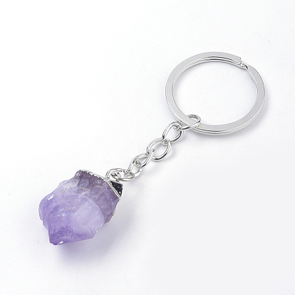 Natural Amethyst Keychain, with Iron Findings, Nuggets, Platinum