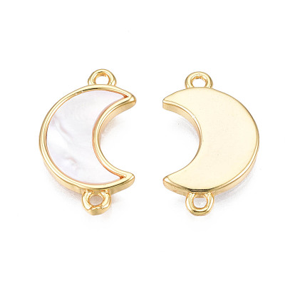 Brass Connector Charms, with Natural Shell, Real 18K Gold Plated, Moon