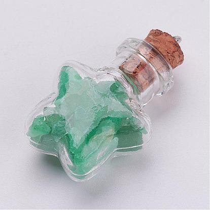 Clear Glass Bottle Gemstone Pendant Decorations, with Iron Findings, Star