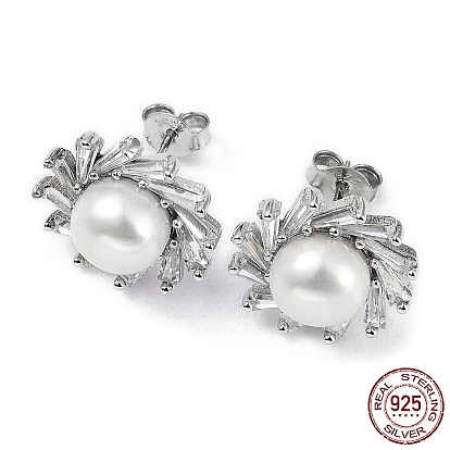 925 Pendientes de plata de ley con micro pavé de circonita cúbica para mujer, pendientes de perlas naturales