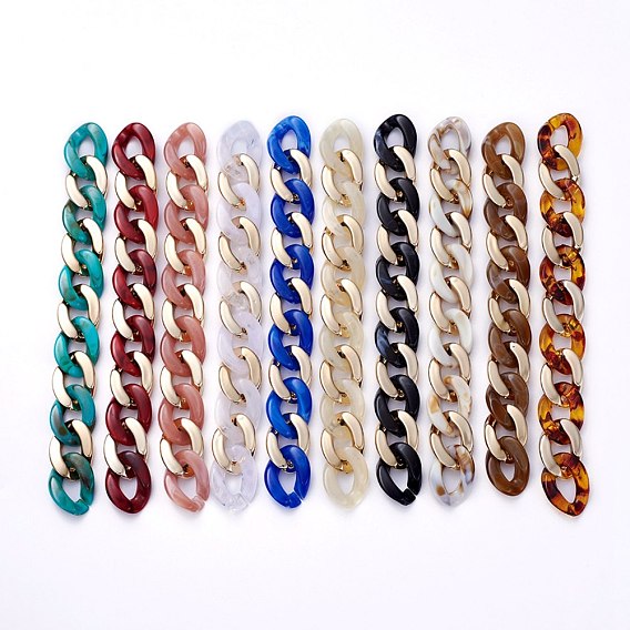 Handmade CCB Plastic Curb Chain, with Acrylic Linking Rings, Imitation Gemstone, for Handbag Chain Making, Golden