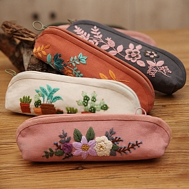 Kit de broderie de sacs à stylos en coton bricolage, y compris les aiguilles à broder et le fil, zipper, cercle à broder en plastique, motif plantes/tartan