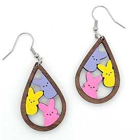 Teardrop with Rabbit Wood Dangle Earrings for Easter