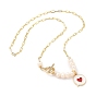 Alloy Enamel Pendant Necklaces, with Natural Pearl Beads, Brass Paperclip Chains and Toggle Clasps, Flat Message Box with Heart