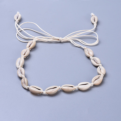 Adjustable Cowrie Shell Beads Beaded Necklaces, with Waxed Cotton Cords