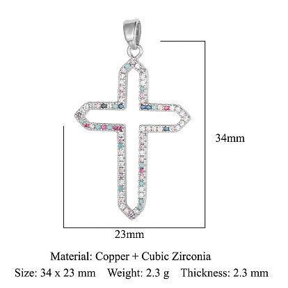 Brass Micro Pave Colorful Cubic Zirconia Pendants, Hollow Cross Charms