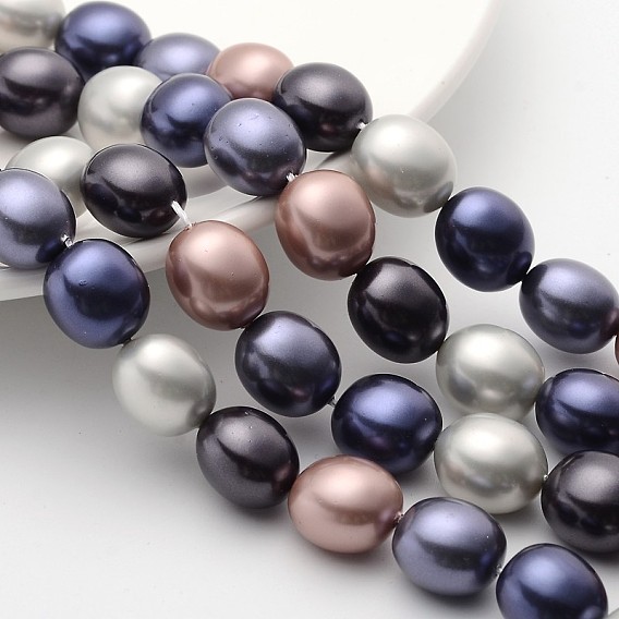 Oval Shell Pearl Bead Strands, 15x13x12mm, Hole: 1mm, about 27pcs/strand, 15.7 inch