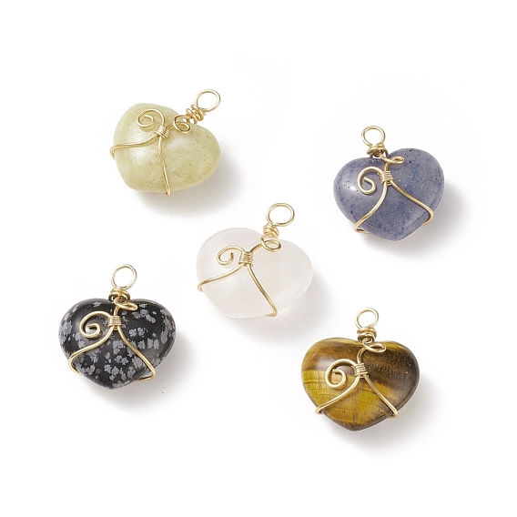 Natural Gemstone Pendants, with Eco-Friendly Light Gold Tone Copper Wire Wrapped, Heart Charm