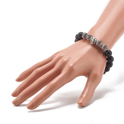Pierre de lave naturelle perles rondes huile essentielle anxiété aromathérapie bracelet extensible pour fille femmes cadeau, bracelet de perles d'alliage de crâne, argent antique