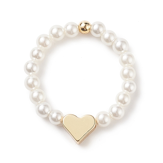 Shell Pearl & Brass Heart Beaded Stretch Rings for Women
