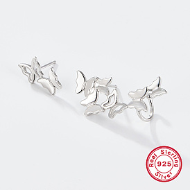 Butterfly Rhodium Plated 925 Sterling Silver Stud Earrings with Ear Cuff, Asymmetrical Earrings, with 925 Stamp