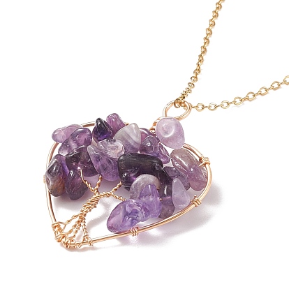 Collier pendentif cœur avec pendentif arbre de vie en pierres précieuses naturelles, plaqué or clair 304 bijoux en fil d'acier inoxydable pour femmes