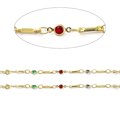 Brass Flat Round & Bar Link Chains, with Colorful Glass Beaded, Soldered, with Spool