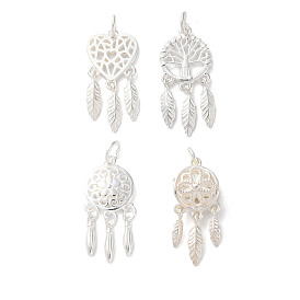 Heart/Tree of Life/Flower 925 Sterling Silver Pendants, Woven Web/Net with Feather Charms with Jump Rings, Silver Color