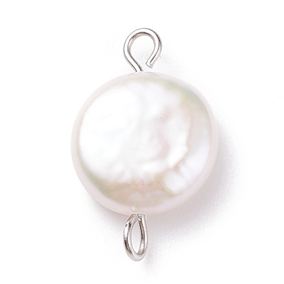 Encantos del conector de la perla keshi de la perla barroca natural, perla cultivada de agua dulce, con 304 bucles dobles de acero inoxidable, plano y redondo, blanco floral